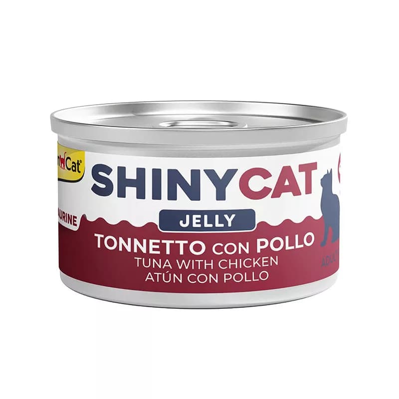 کنسرو غذای گربه بالغ جیم کت مدل ShinyCat Tuna & Chicken in Jelly طعم ماهی تن و مرغ وزن 70 گرم