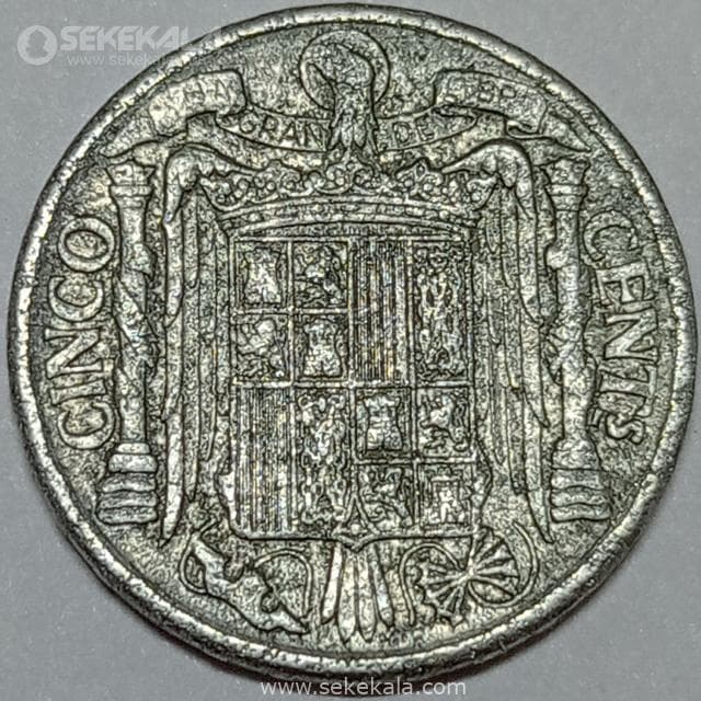 سکه 5 سنتیمو اسپانیا 1941 (فرانسیسکو فرانکو ) — تصویر ۲