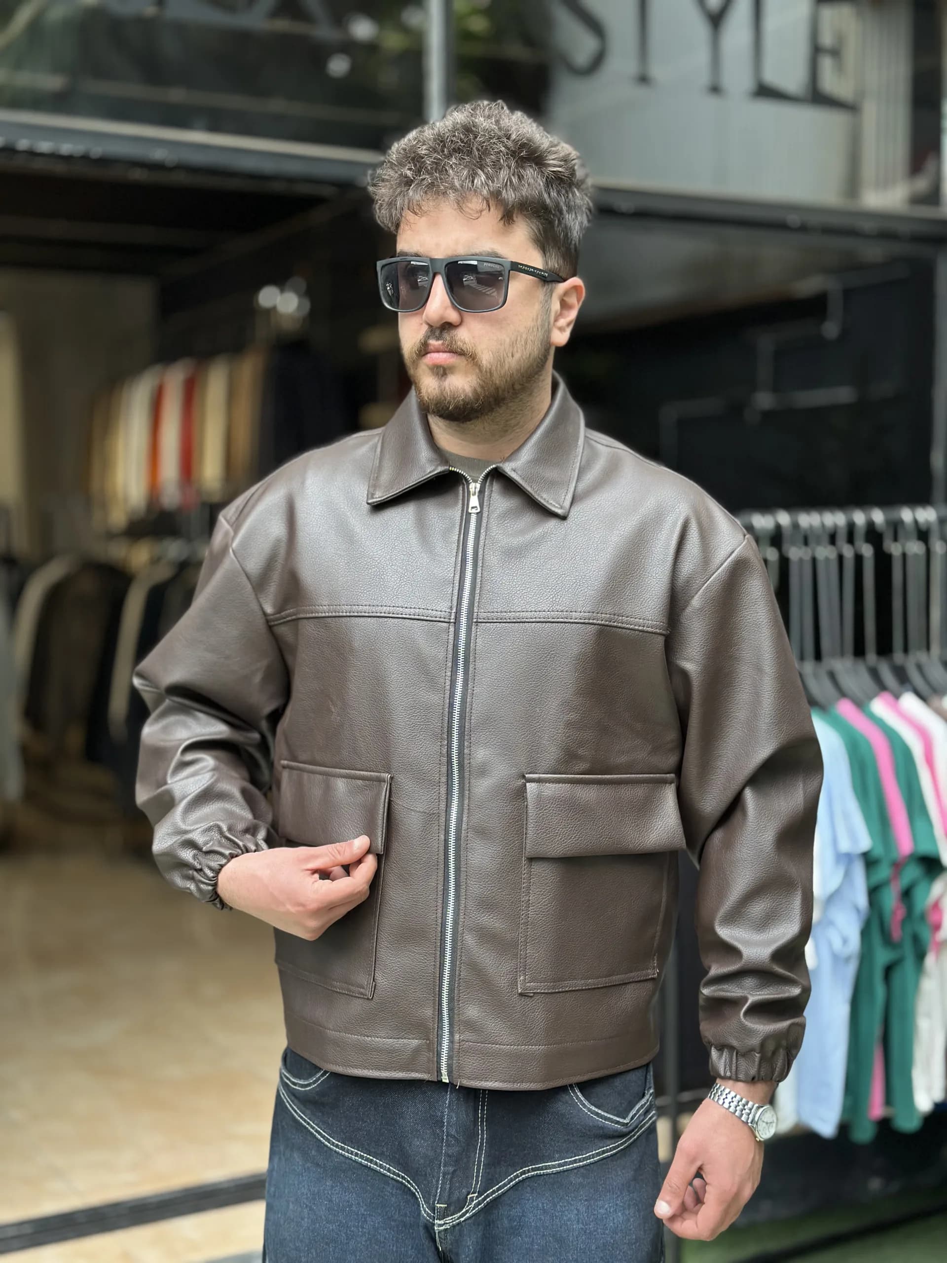 چرم جیب جلو قهوه‌ای XL — تصویر ۲