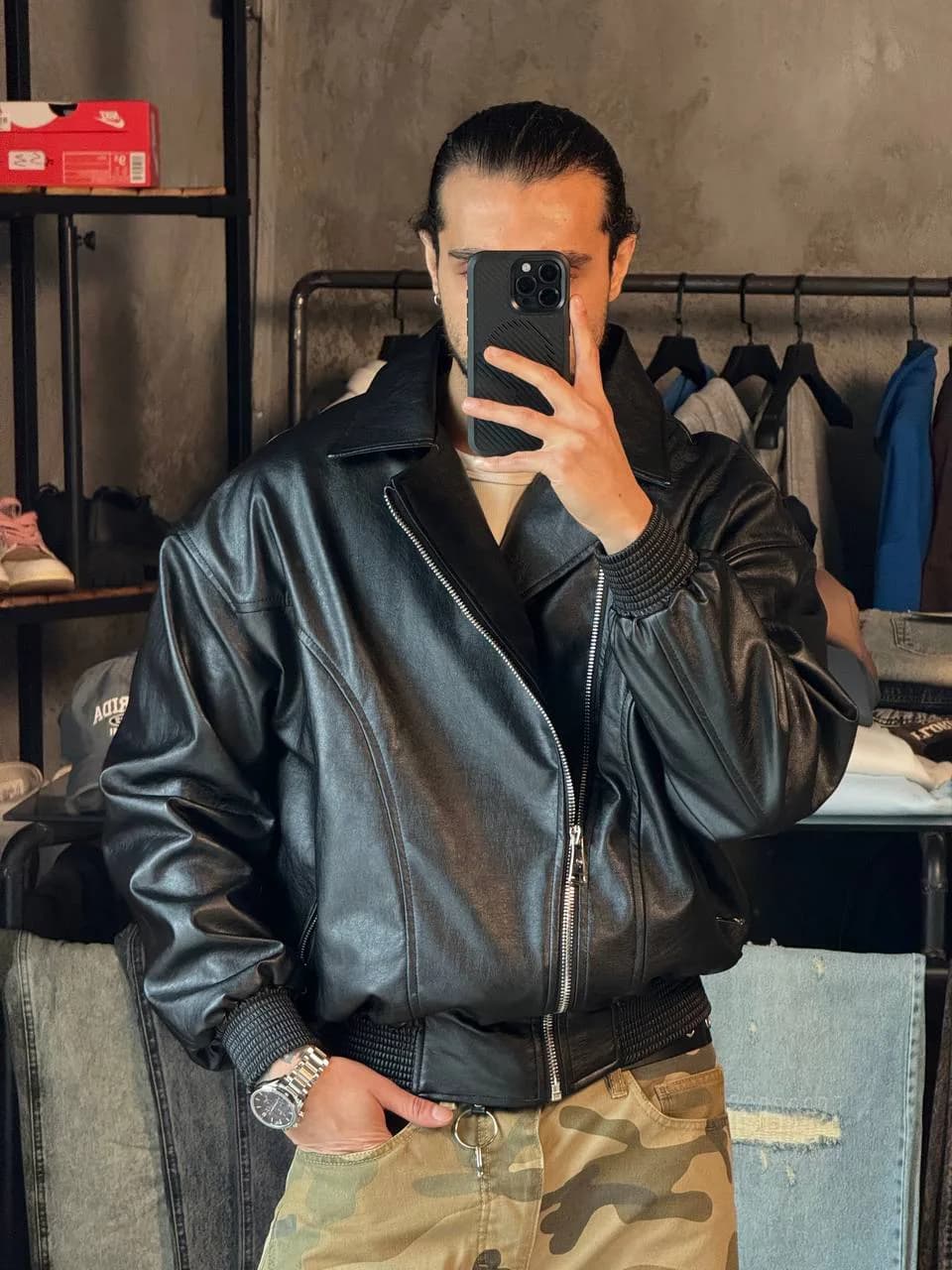 چرم زیپ کج مشکی L — تصویر ۵