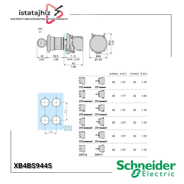 شستی امرجنسی کله قارچی کلیددار فلزی 1NC+1NO اشنایدر — تصویر ۴