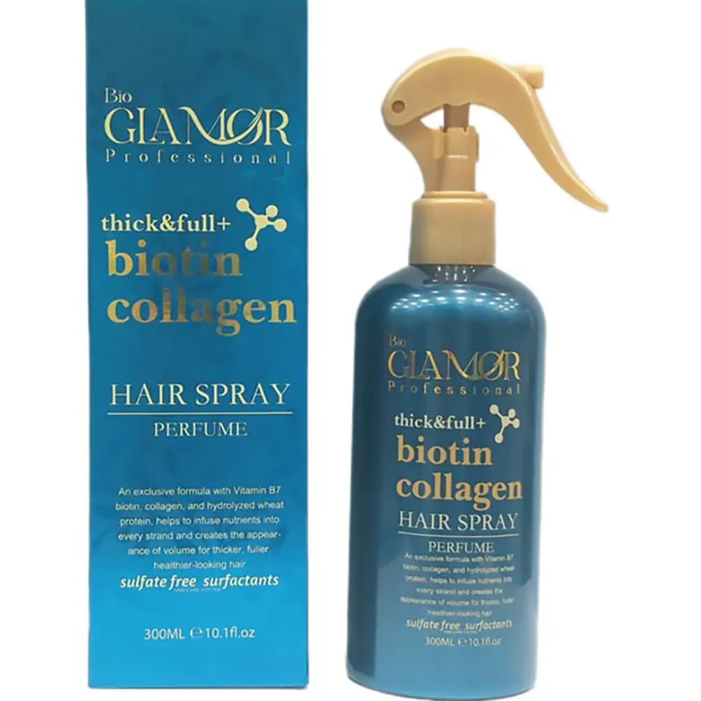 اسپری مو معطر ضد ریزش و حجم دهنده مو گلامور بیوتین و کلاژن 300 میل GIAMOR Professional thick & full+ biotin collagen HAIR SPRAY