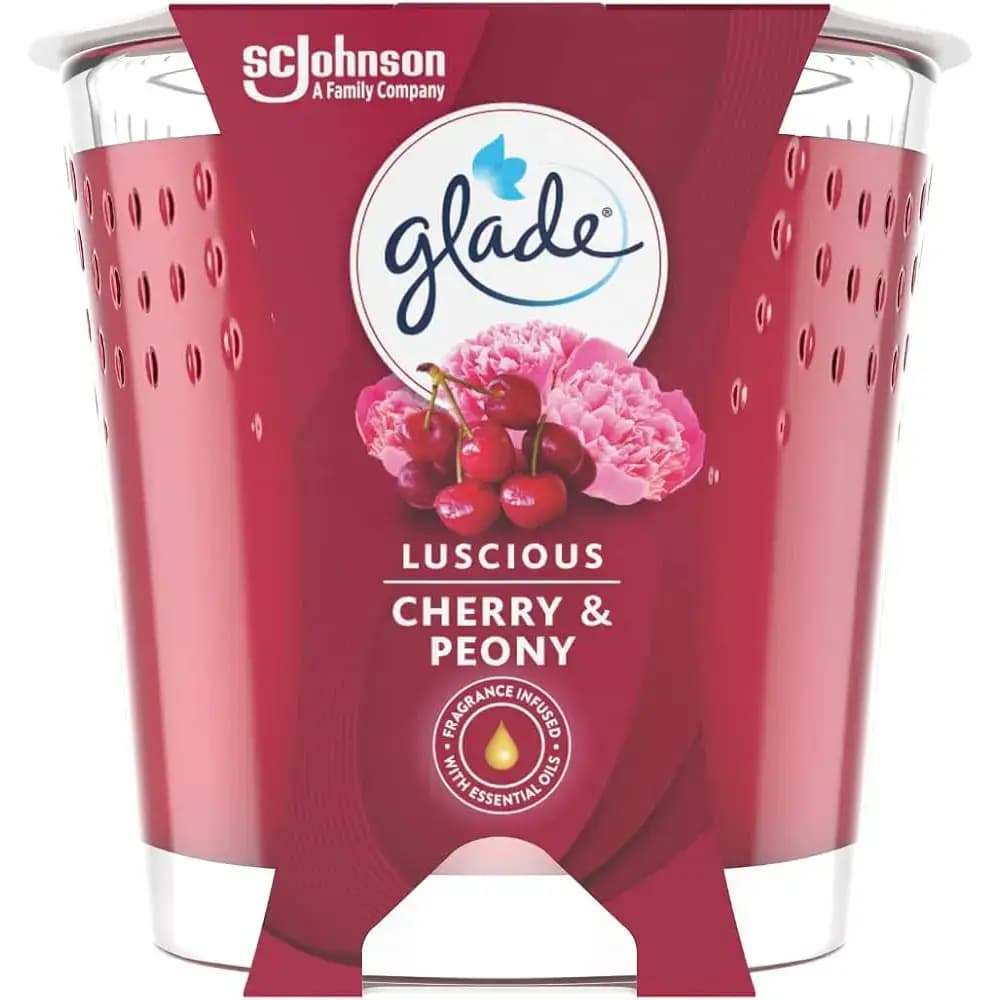شمع معطر گلید رایحه گیلاس و گل صد تومانی 192 گرم glade LUSCIOUS CHERRY & PEONY