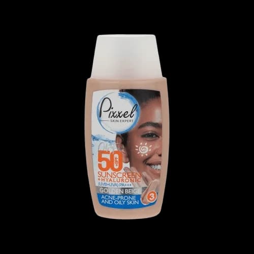 کرم ضدآفتاب فلوئیدی پیکسل رنگ بژطلایی مناسب پوست چرب و جوش دارومختلط پیکسل SPF50