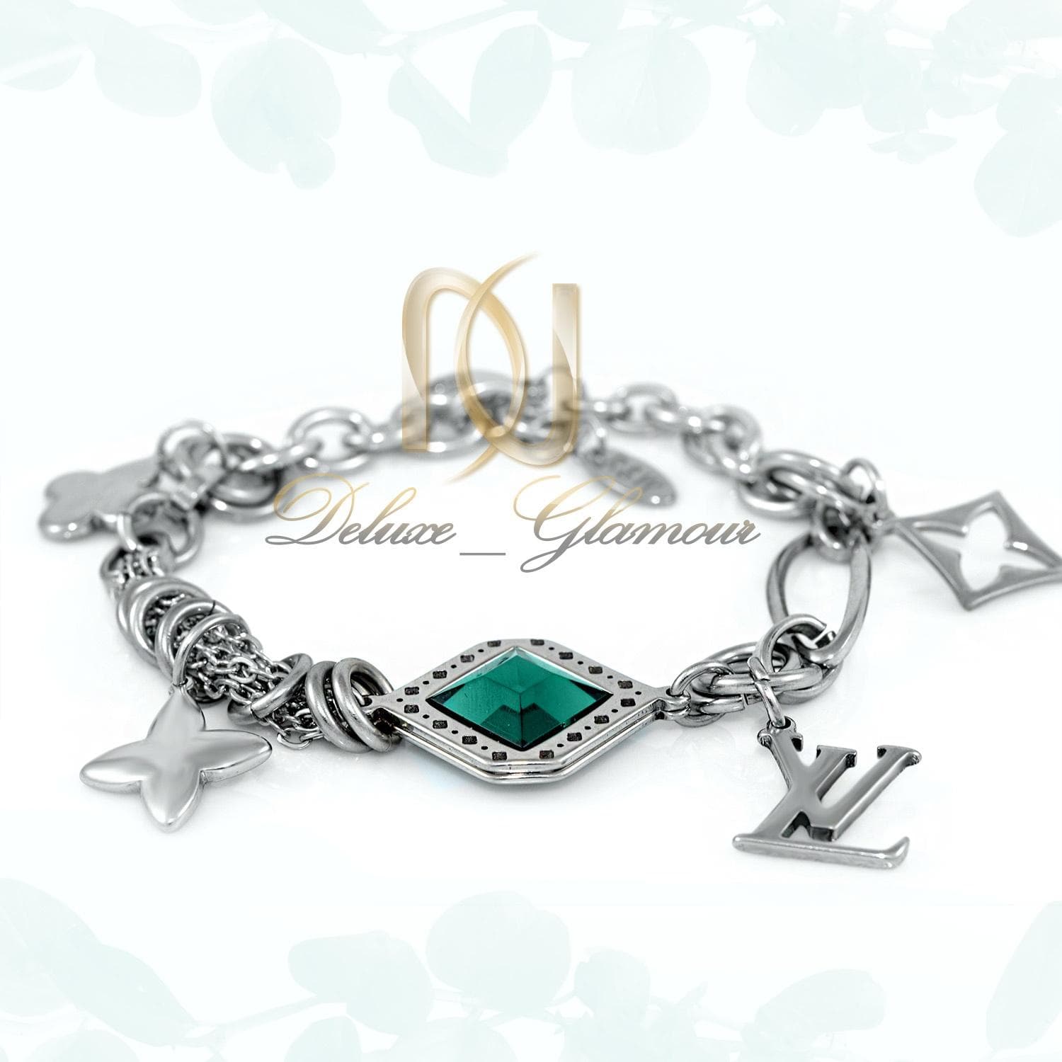 دستبند دخترانه استیل آویز دار نگین سبز ds-n280
