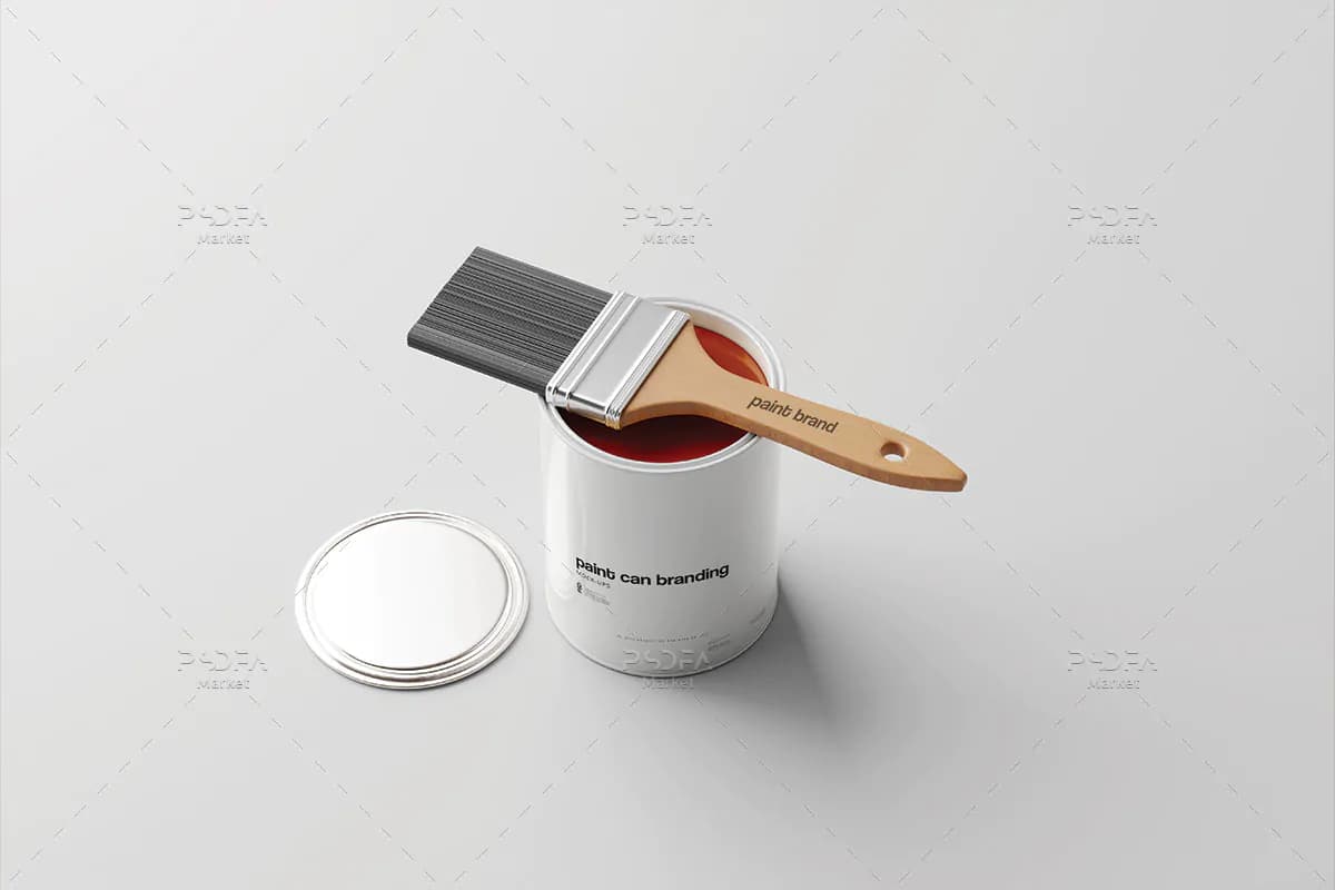 موکاپ قوطی رنگ یک کیلویی با قلمو و غلطک – 6 نمای مختلف — تصویر ۵
