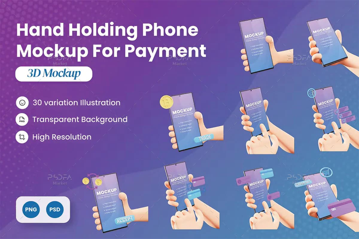 موکاپ موبایل در دست 3D برای پرداخت، ارز دیجیتال و سرمایه گذاری