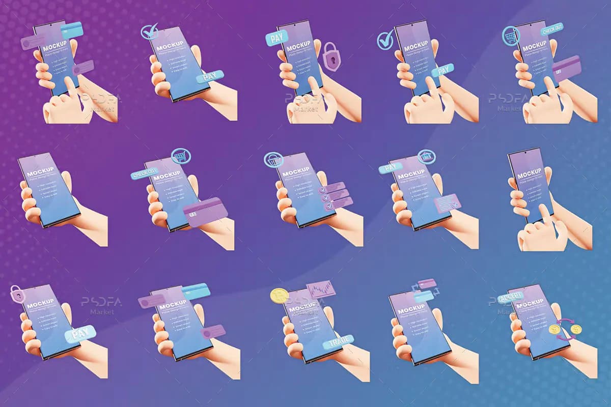 موکاپ موبایل در دست 3D برای پرداخت، ارز دیجیتال و سرمایه گذاری — تصویر ۲