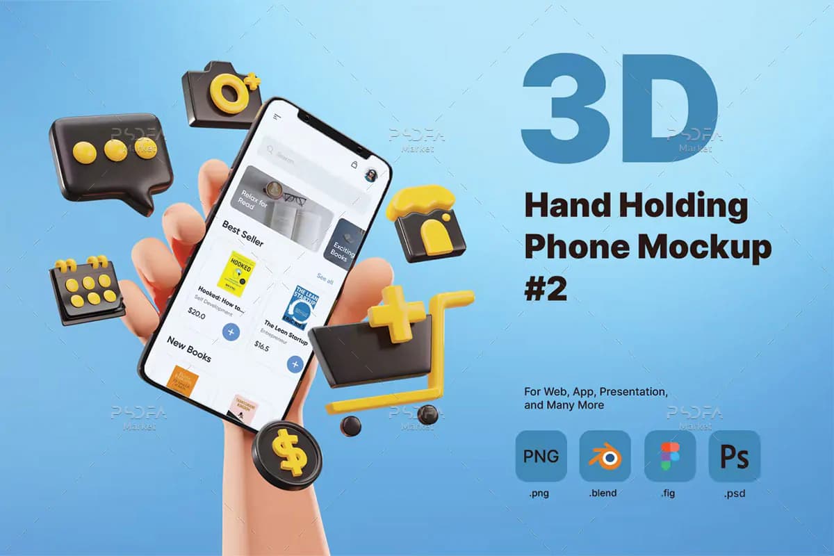 موکاپ موبایل در دست 3D فروشگاه آنلاین
