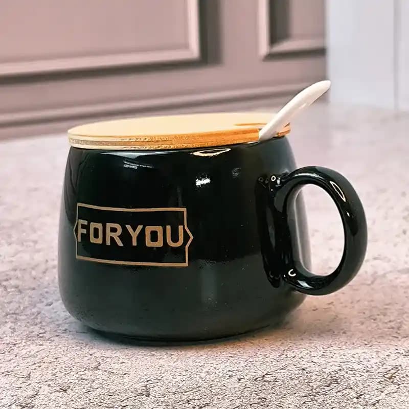 ماگ درب چوبی قاشق دار طرح FOR YOU — تصویر ۳