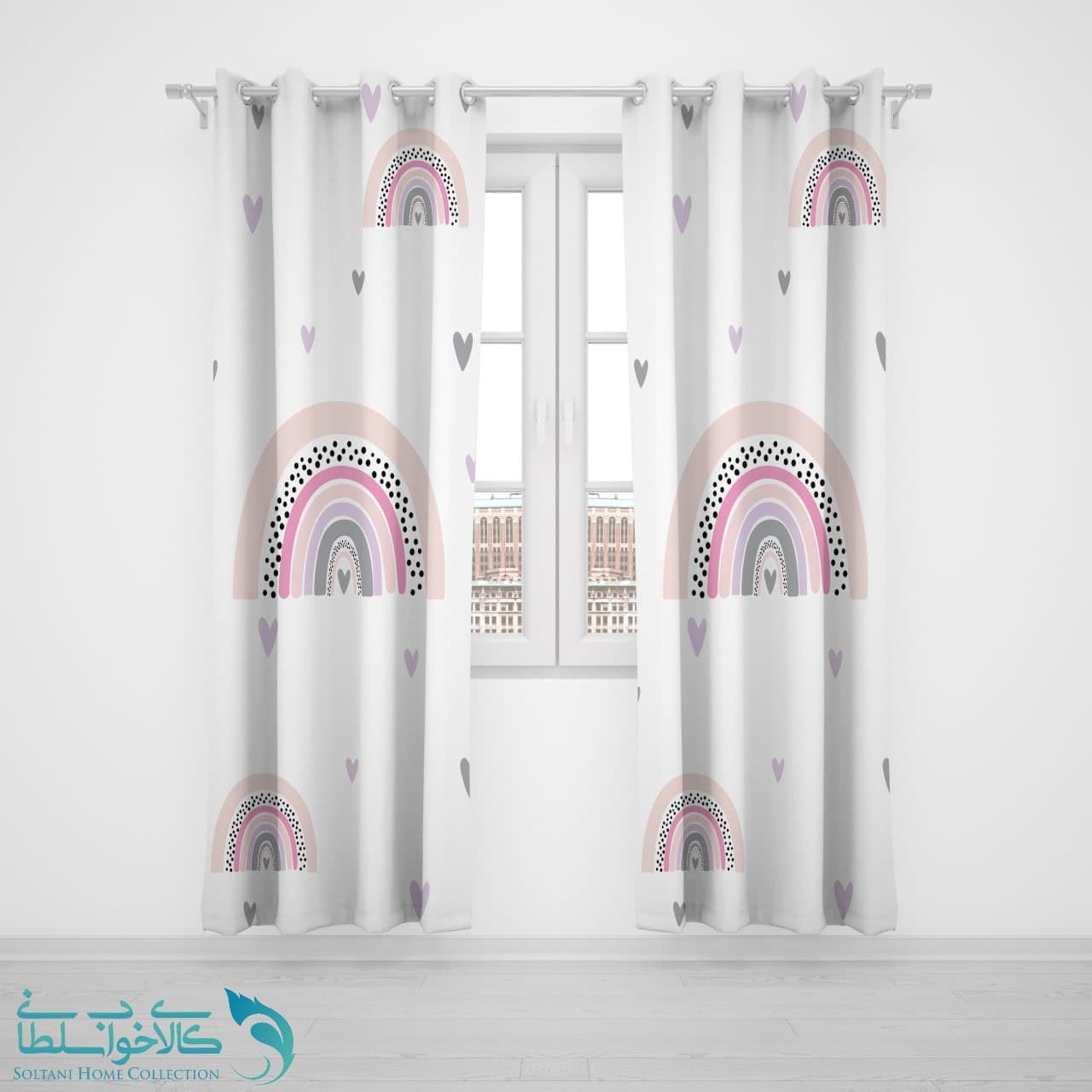 پرده پانچی اتاق کودک طرح رنگین کمان صورتی کد A2728