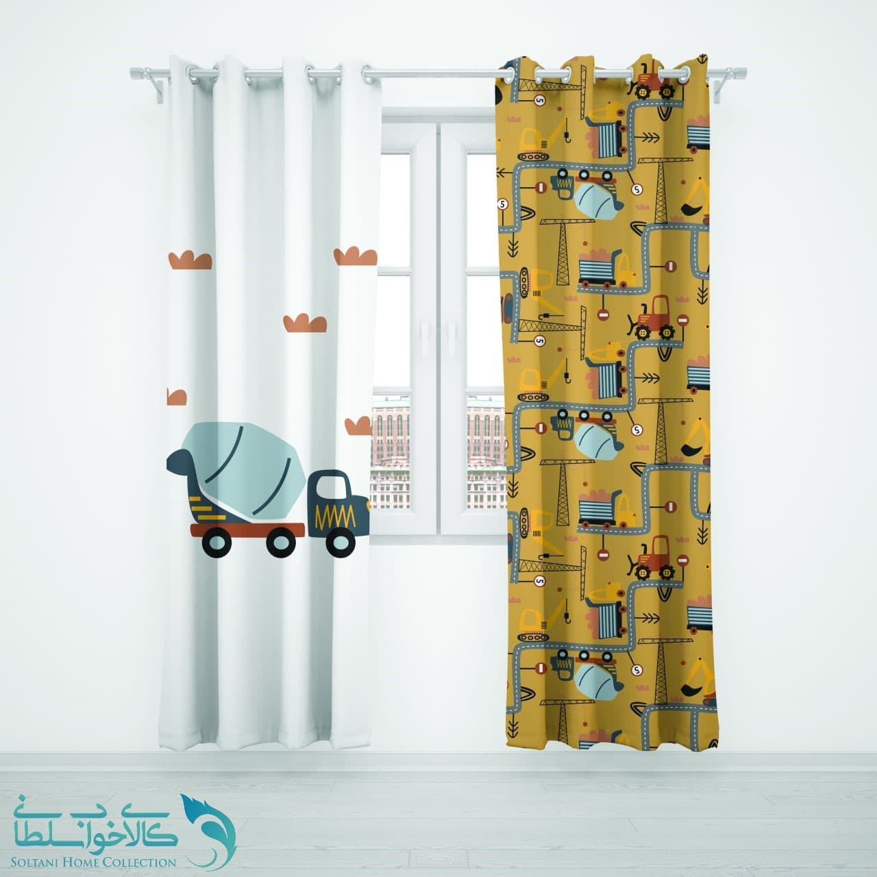 پرده پانچی اتاق کودک طرح ساخت و ساز کد A2610
