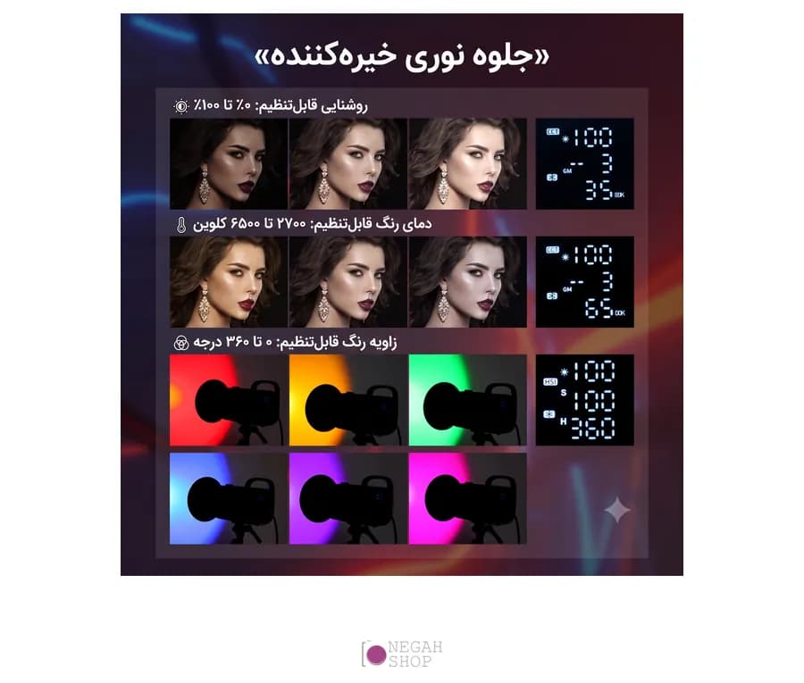 نور ثابت آرجیبی نیوور NEEWER CB60 RGB — قدرت ۷۰ وات با ۱۷ افکت نوری — تصویر ۲