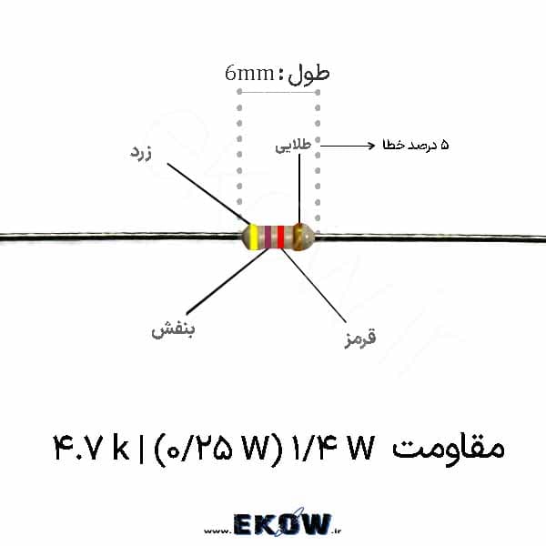 مقاومت 1/4 وات 4.7 کیلو اهم ( 1/4W 4.7 k) پک 50 عددی