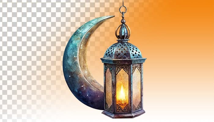 تصویر PNG ماه رمضان طرح فانوس روشن و هلال ماه