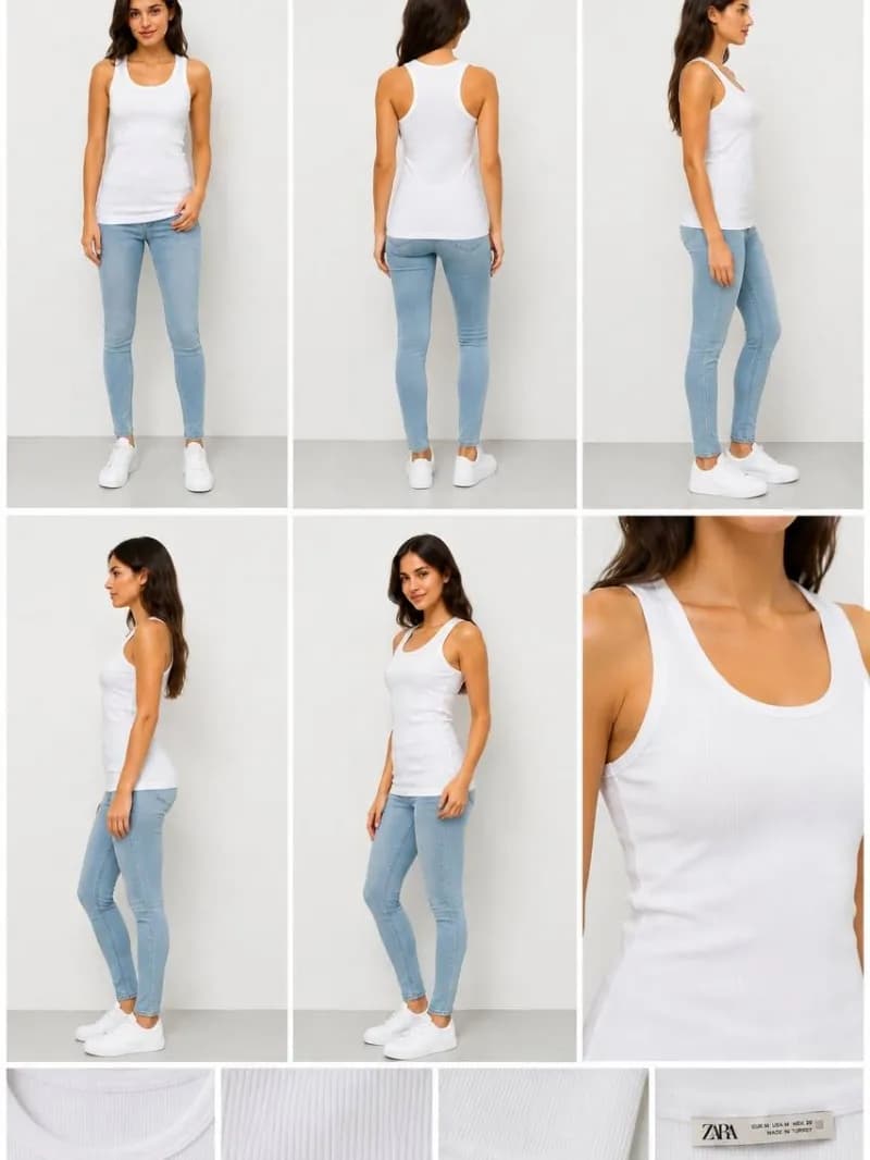 تاپ زنانه سفید ریب جذب یقه گرد Zara