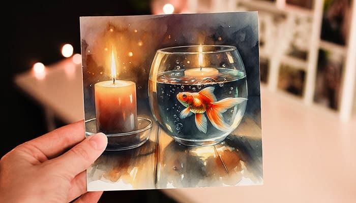 تصویر آبرنگی ماهی قرمز نوروز و شمع