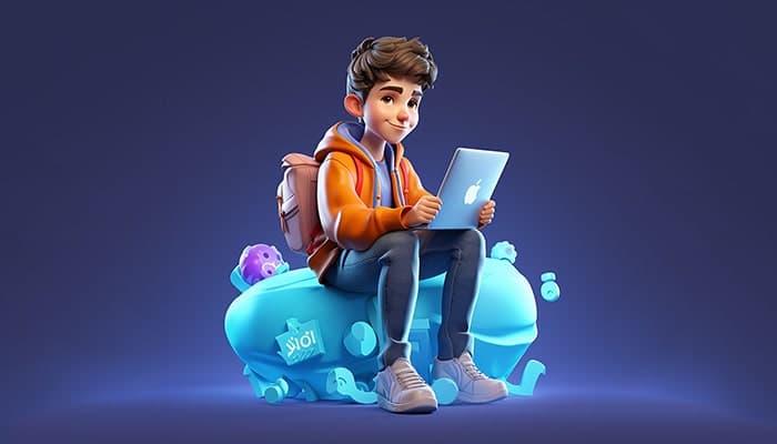 تصویر کاراکتر سه بعدی پسر جوان با لپ تاپ