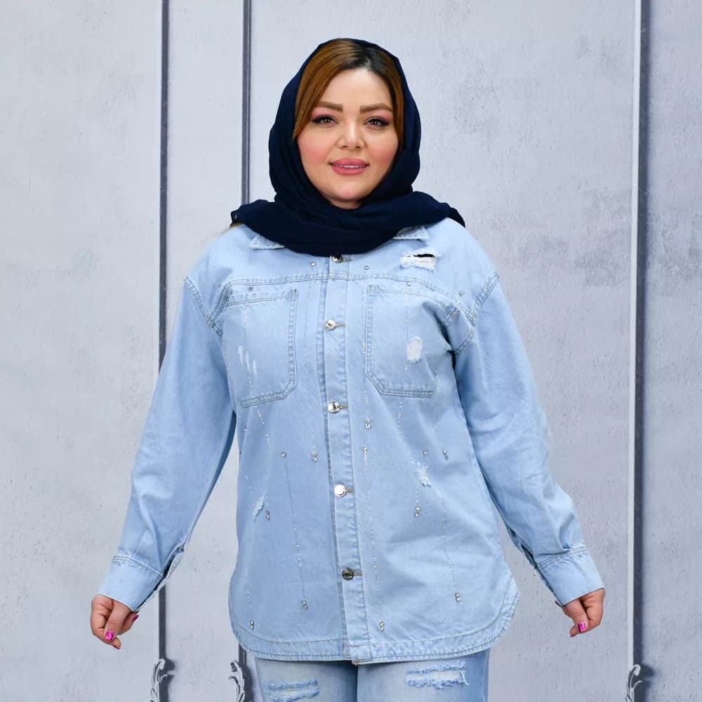 مانتو جین دخترانه نگین دار آبی روشن کد 25317