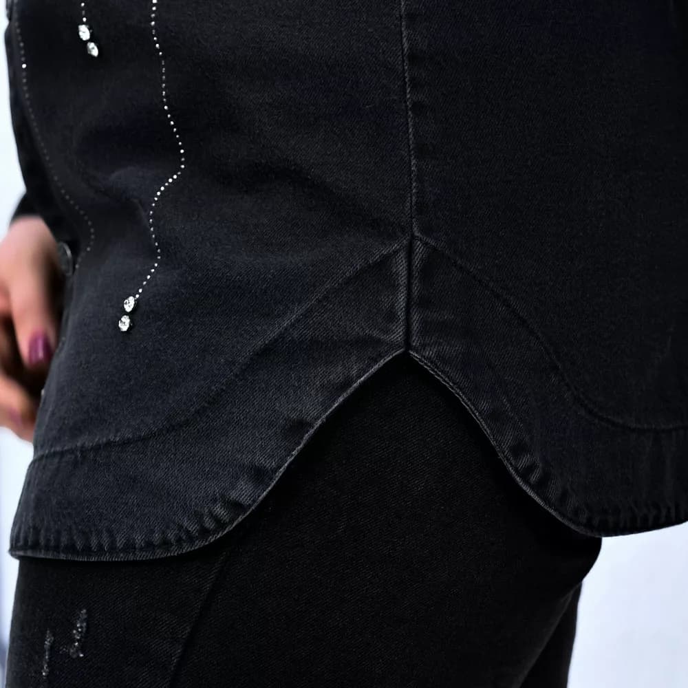 مانتو جین دخترانه نگین دار ذغالی کد 25315 — تصویر ۳
