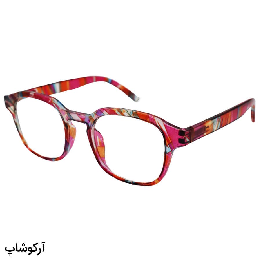 عینک مطالعه نزدیک بین نمره +1.50 با فریم مربعی، رنگ صورتی طرح دار و دسته فنری مدل 22-11