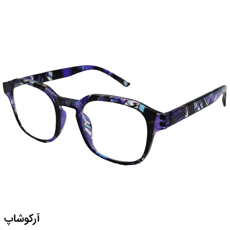 عینک مطالعه نزدیک بین نمره +1.00 با فریم مربعی، رنگ بنفش طرح دار و دسته فنری مدل 22-11