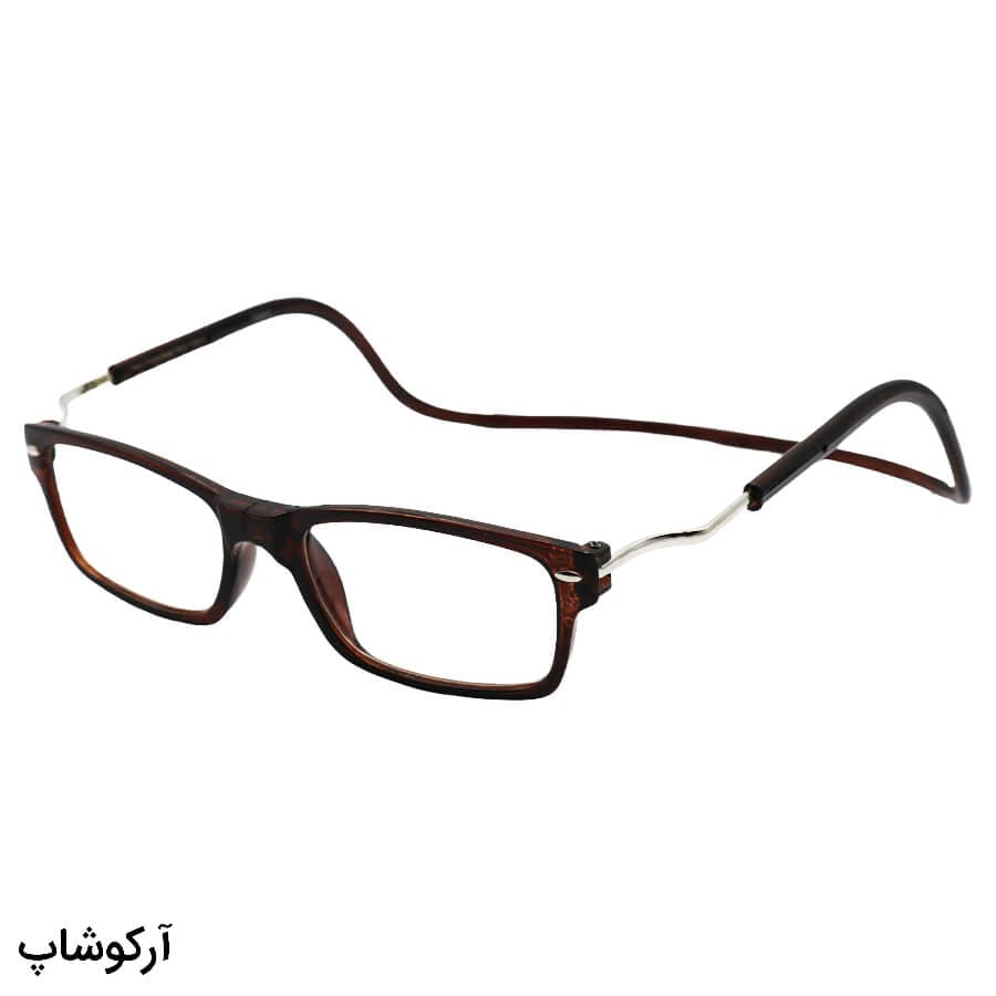عینک مطالعه نزدیک بین نمره +1.50 با فریم مگنتی و آهنربایی، قهوه ای رنگ و گردنی مدل FH512
