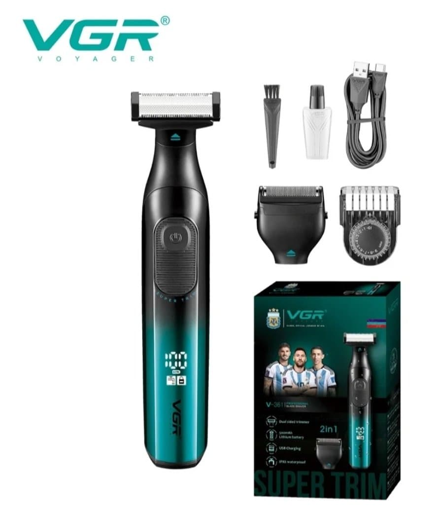 ماشین اصلاح و شیور دو کاره وی جی ار مدل V-361 اصل | ریش تراش و بادی گرومر ضد آب IPX6 با باتری لیتیومی و تیغه دوطرفه