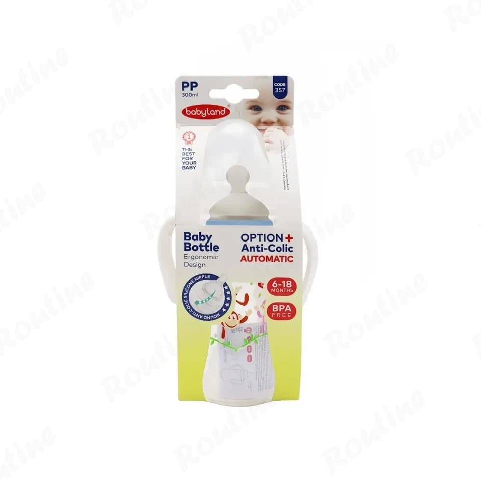 شیشه شیر ضدنفخ دسته‌دار بیبی لند 6 تا 18 ماه کد 357