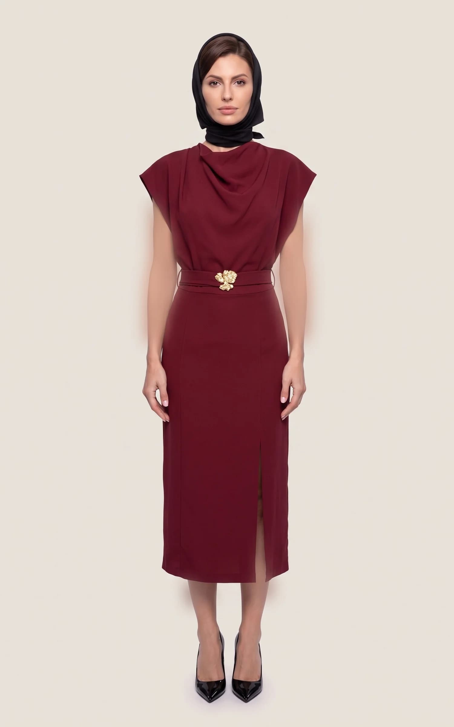 پیراهن زنانه میدی یقه دراپه کمربنددار چاک‌دار nevado کد 405014191876 — تصویر ۴