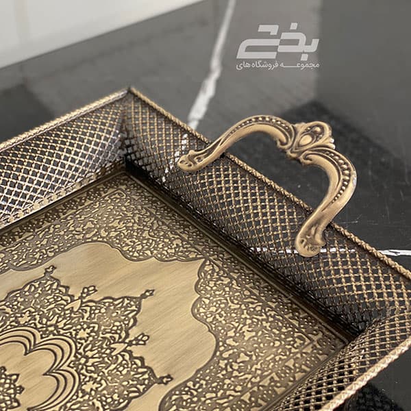 سینی مستطیل آنتیک زمرد مدل دسته دار بزرگ — تصویر ۳