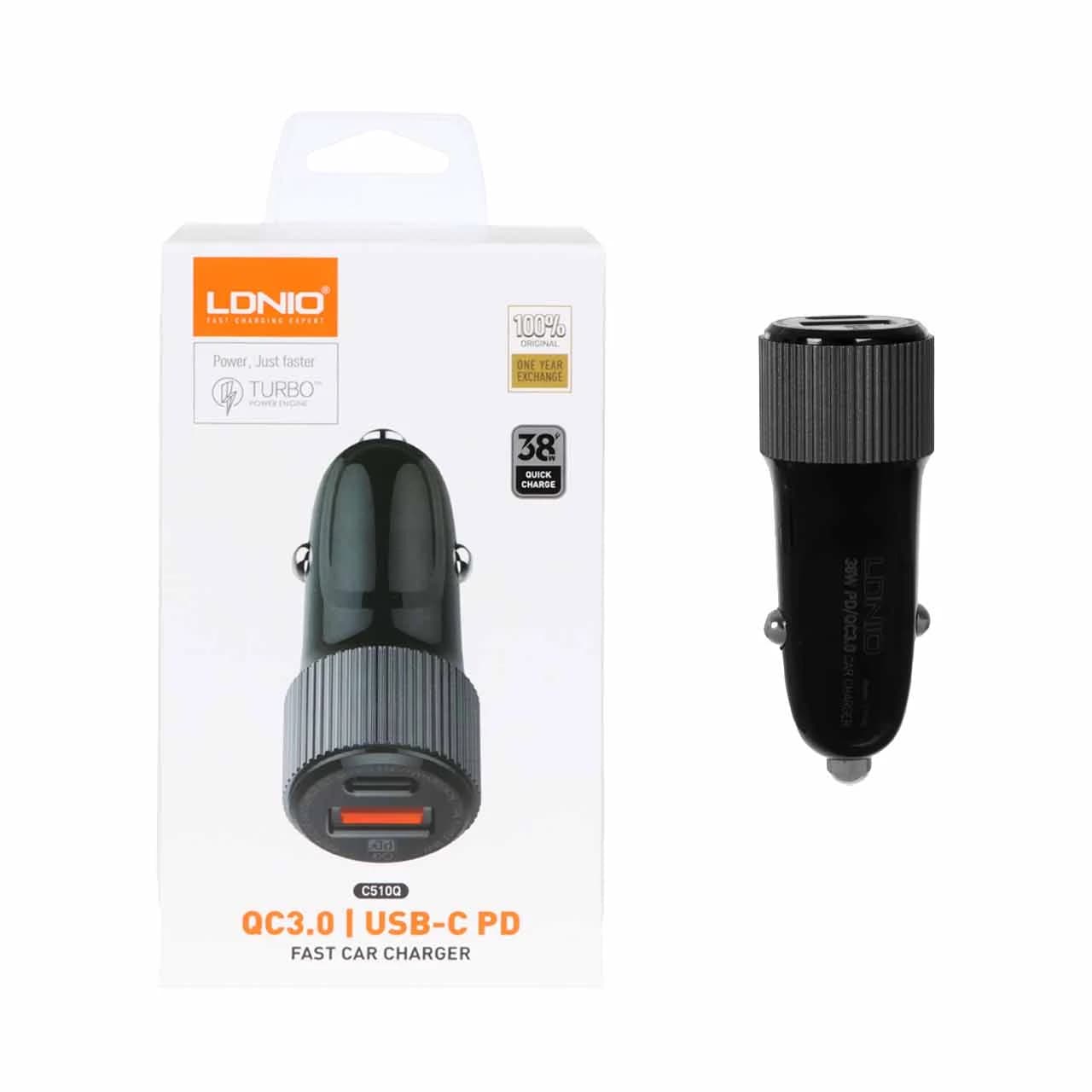 شارژر فندکی فست و PD دو پورت LDNIO مدل C510Q 38W به همراه کابل شارژ Type-C to Type-C – مشکی (اصلی)
