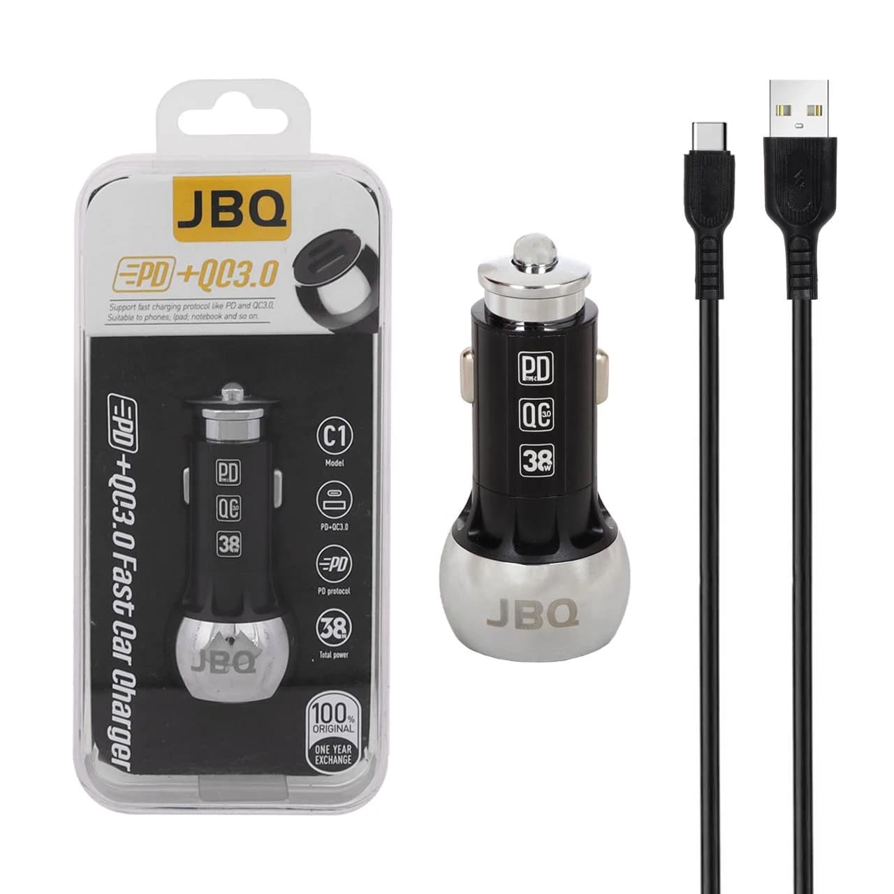 شارژر فندکی فست و PD دو پورت JBQ مدل C1 38W همراه با کابل Type-C – نقره ای (گارانتی یکساله رصاصی)