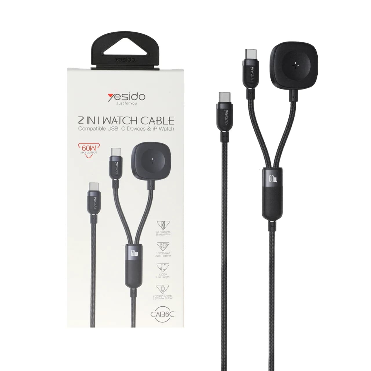 کابل شارژ 1.2 متری فست Type-C to Type-C و شارژر وایرلس yesido مدل CA136C 60W – مشکی (گارانتی 18 ماه تعویض نیکان همراه)