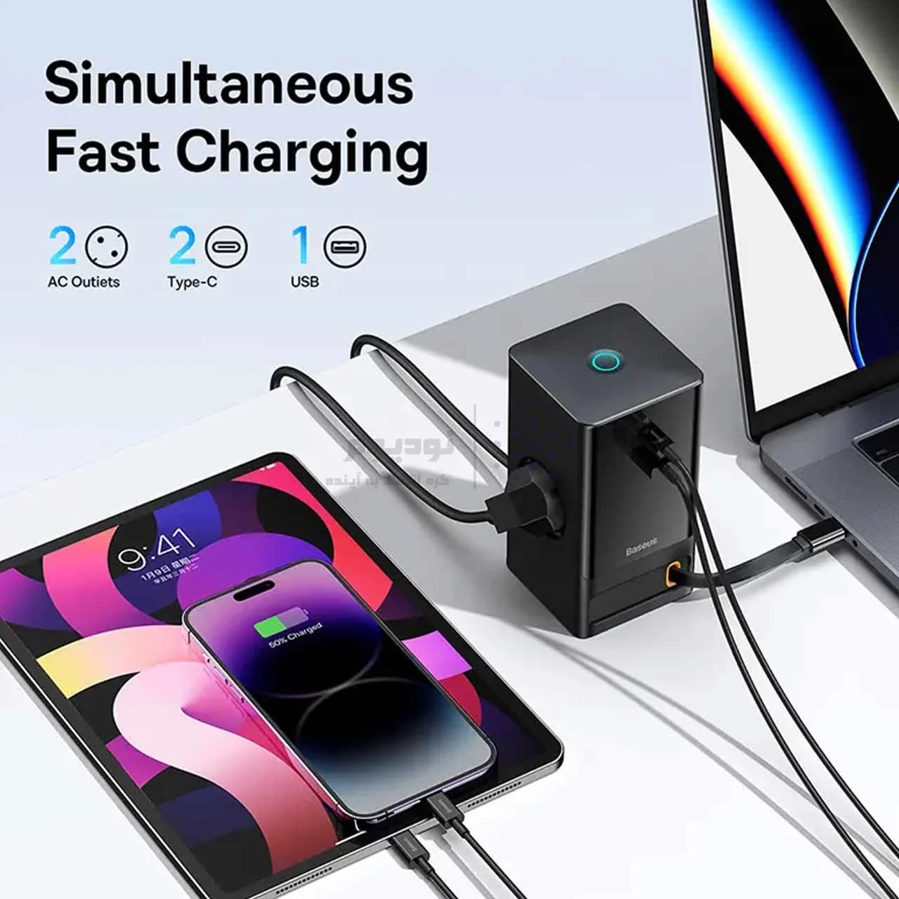 شارژر رومیزی فست چندکاره Baseus مدل PowerCombo Tower PowerStrip 65W – مشکی (گارانتی 24 ماهه آونگ) — تصویر ۷