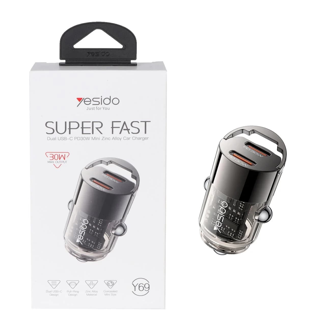 شارژر فندکی PD و فست دو پورت Yesido مدل Y69 30W – مشکی (گارانتی 18 ماه تعویض نیکان همراه)