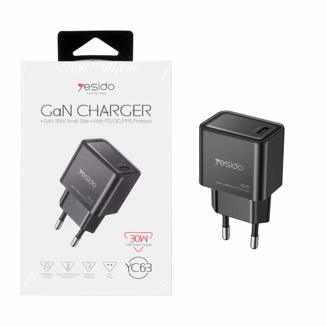 شارژر دیواری PD و فست تک پورت Yesido مدل 30W YC63 – مشکی (گارانتی 18 ماه تعویض نیکان همراه) مجهز به فناوری GAN