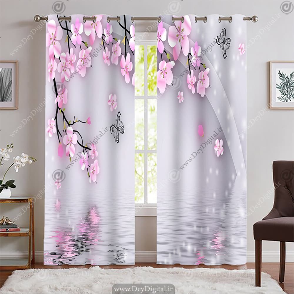 پرده اتاق خواب طرح گل های شکوفه صورتی سه بعدی PK-7658