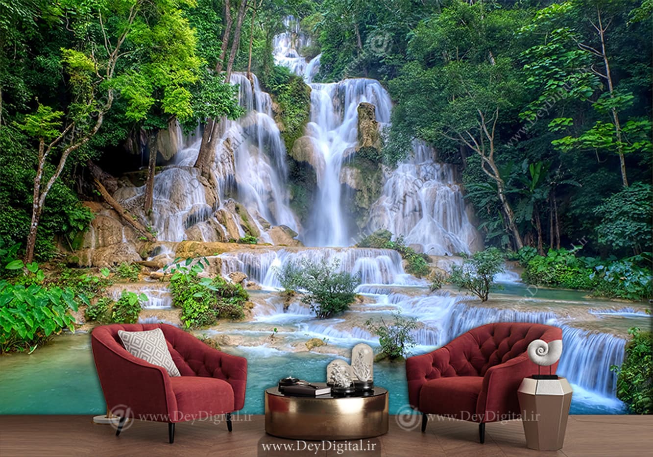 پوستر طبیعت سه بعدی طرح منظره آبشار و رودخانه WA-1545