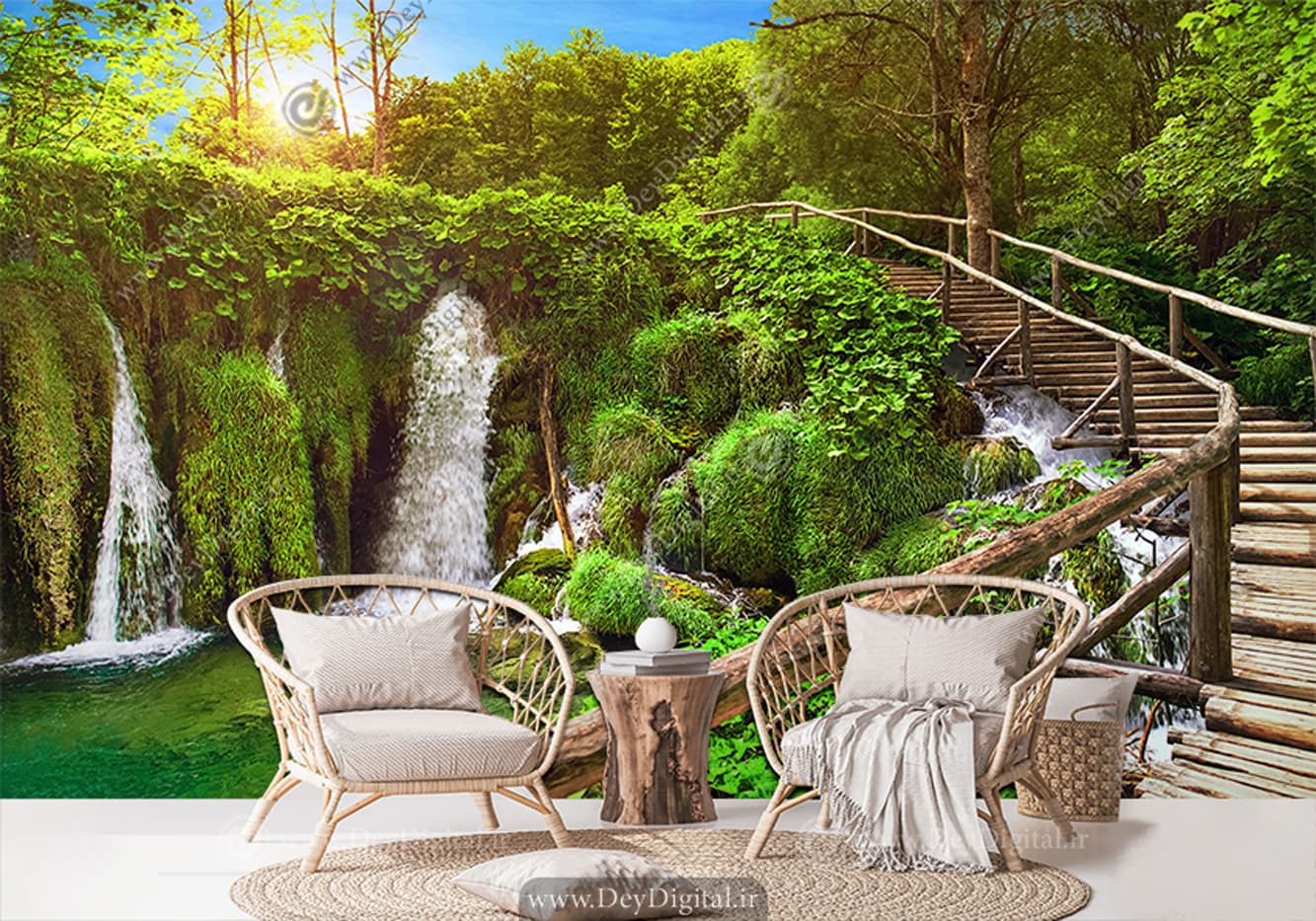 پوستر دیواری سه بعدی منظره جنگلی با پلکان چوبی WA-1548