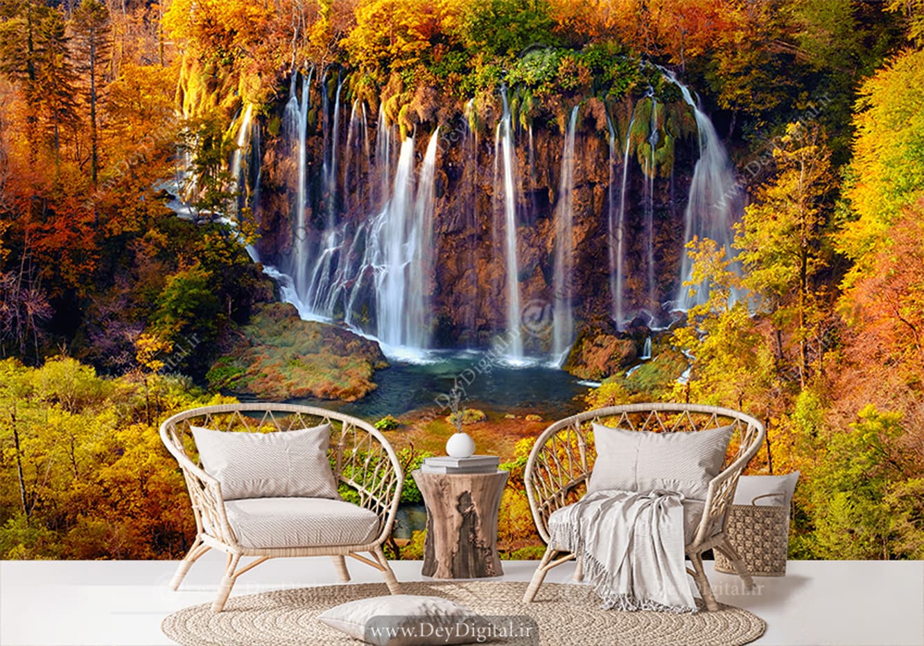 کاغذ دیواری سه بعدی طرح آبشار در میان جنگل پاییزی با درختان نارنجی WA-1539