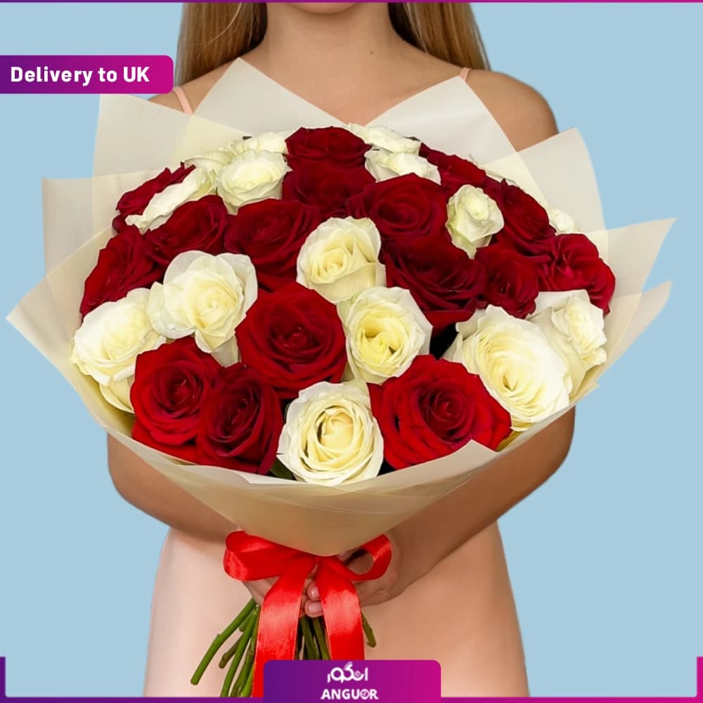 دسته گل 20 شاخه رز قرمز و سفید (تحویل در انگلستان)