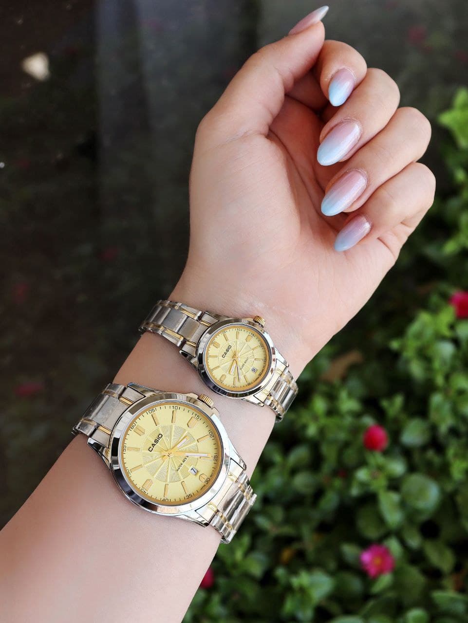 ست ساعت مردانه زنانه کاسیو casio ضدآب رنگ ثابت بند قفلی تاریخ دار کیفیت عالی دارای رنگ بندی کد 2116006 — تصویر ۵