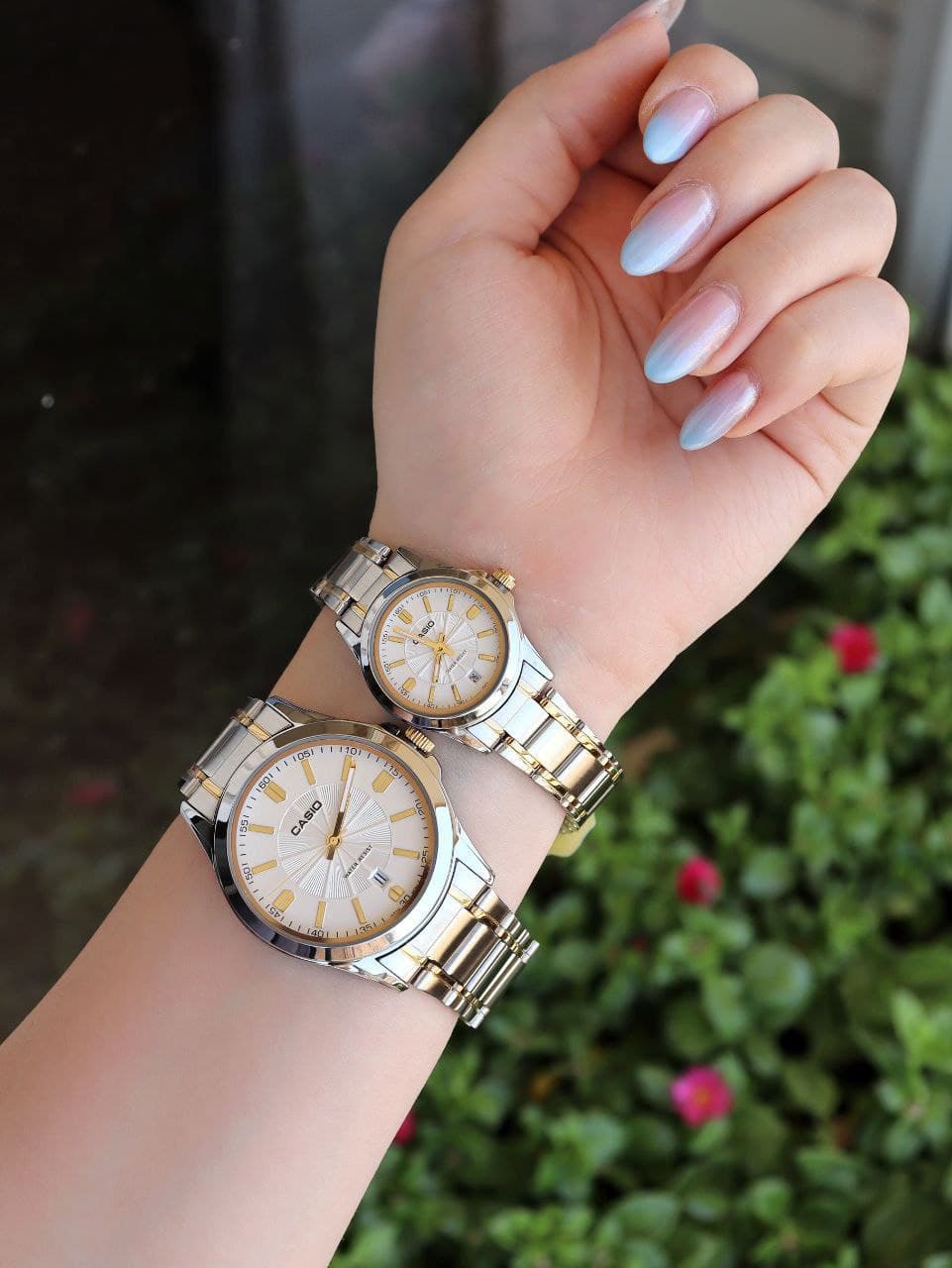 ست ساعت مردانه زنانه کاسیو casio ضدآب رنگ ثابت بند قفلی تاریخ دار کیفیت عالی دارای رنگ بندی کد 2116006 — تصویر ۳