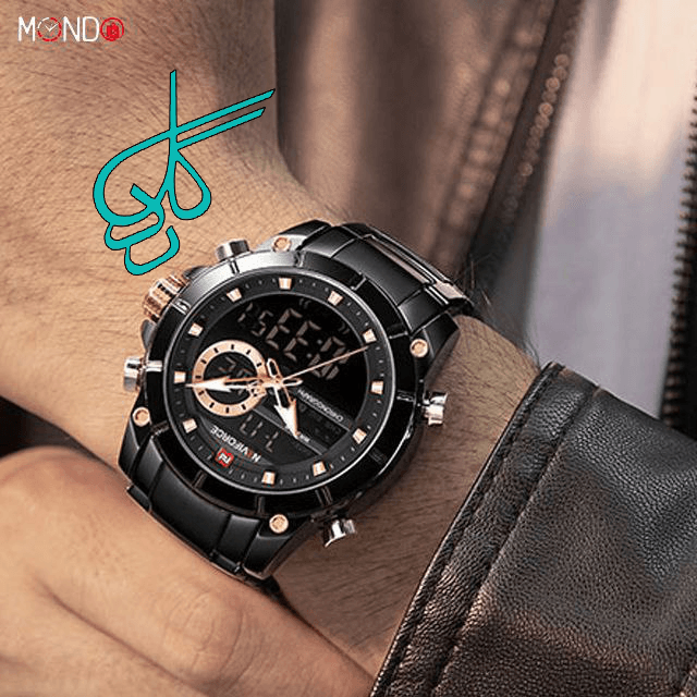 ساعت مردانه نیوی فورس Naviforce موتور ژاپن ضدآب چراغ دار جنس بند استیل با کیفیت دو زمانه روز شمار تقویم دار مدل9163 کد 1920460 — تصویر ۳