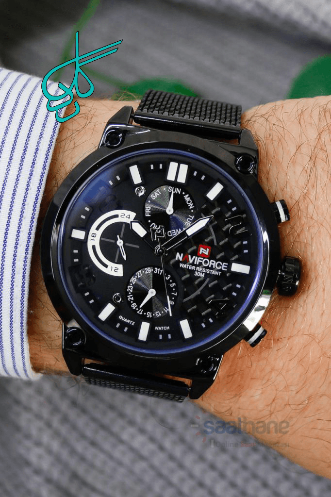 ساعت مردانه حصیری نیوی فورس Naviforce 9068 سه موتوره فعال موتور ژاپن تقویم دار رنگ ثابت ضدآب بند فلزی با کیفیت دارای جعبه و پاکت اصلی کد 1920455 — تصویر ۴