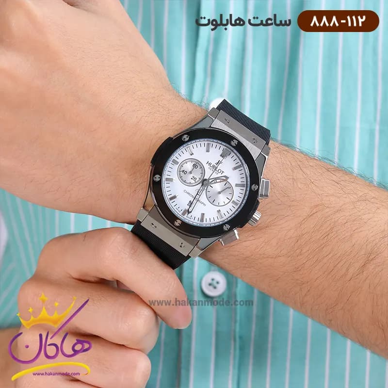 ساعت هابلوت مردانه بند رابر مشکی صفحه سفید کرنوگراف 888/112 — تصویر ۲