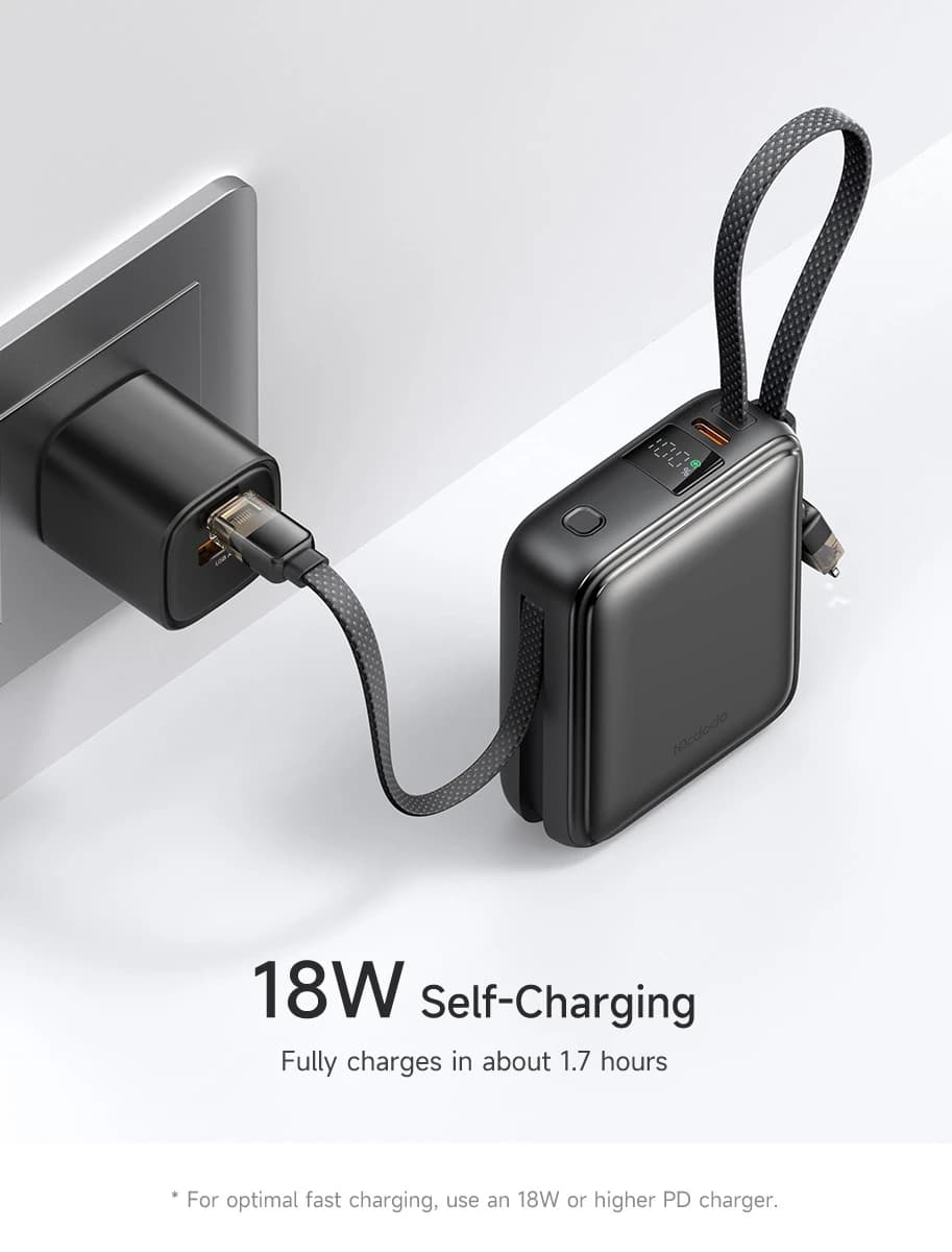 پاور بانک 22.5 وات 10000 میلی‌آمپر با دو کابل متصل Type-C و Lightning برند Mcdodo مدل MC-255 — تصویر ۶