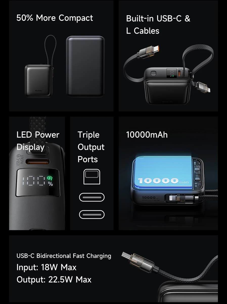 پاور بانک 22.5 وات 10000 میلی‌آمپر با دو کابل متصل Type-C و Lightning برند Mcdodo مدل MC-255 — تصویر ۲