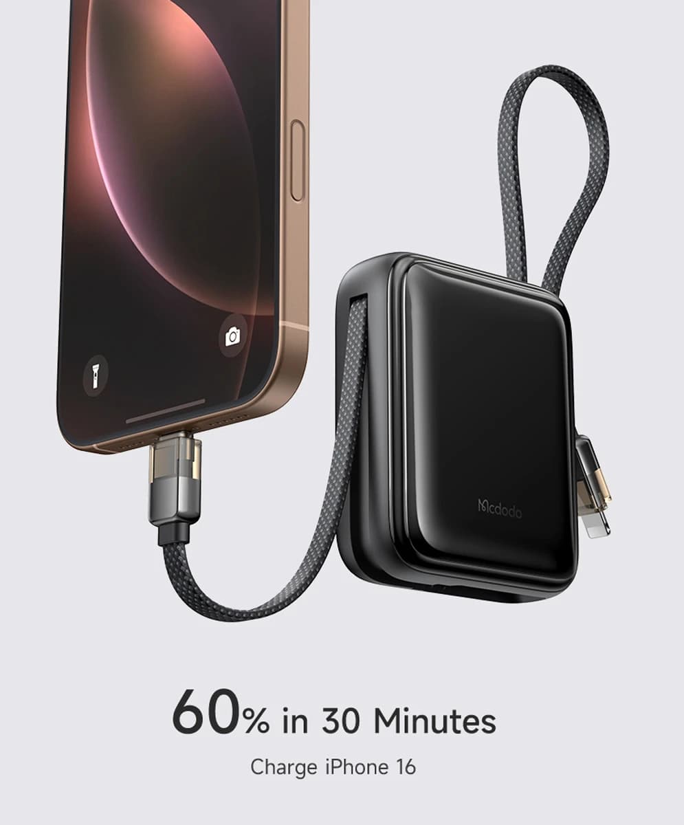 پاور بانک 22.5 وات 10000 میلی‌آمپر با دو کابل متصل Type-C و Lightning برند Mcdodo مدل MC-255 — تصویر ۴